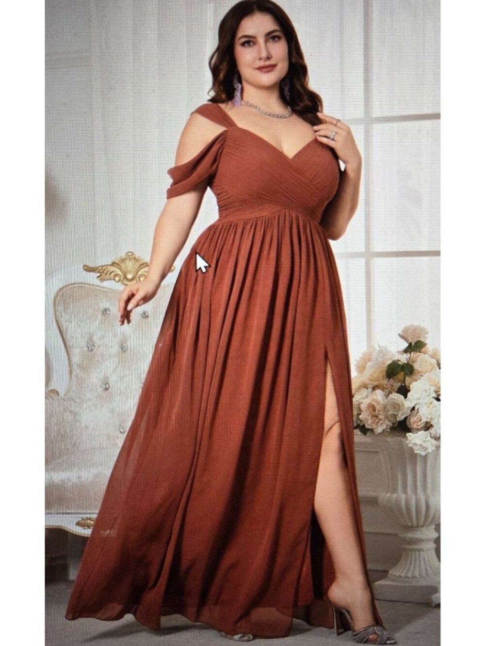 New! Unithorse Size L Burnt Orange Gown Maxi dress Ruched Chiffon Slit